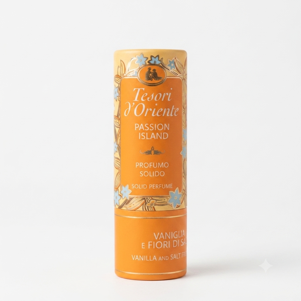 Tesori d'Oriente Passion Island Profumo Solido Vaniglia & Fiori di Sale 7 ml, fragranza solida donna formato da borsetta, con note avvolgenti di vaniglia e fiori di sale per una profumazione elegante e delicata sempre a portata di mano.