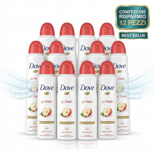BUNDLE 12 Pezzi Dove Go Fresh Apple & White Tea Deodorante Spray 250ml | Protezione 48h con 1/4 Crema Idratante | Fragranza Mela Verde e Tè Bianco | Spedizione Inclusa