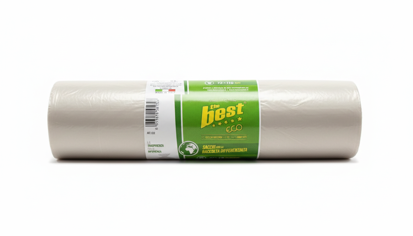TheBest Eco Sacchi Raccolta Differenziata 72x110 cm, sacchi per rifiuti in LDPE 100% riciclato Made in Italy, resistenti e capienti, ideali per la gestione della raccolta differenziata domestica e professionale.