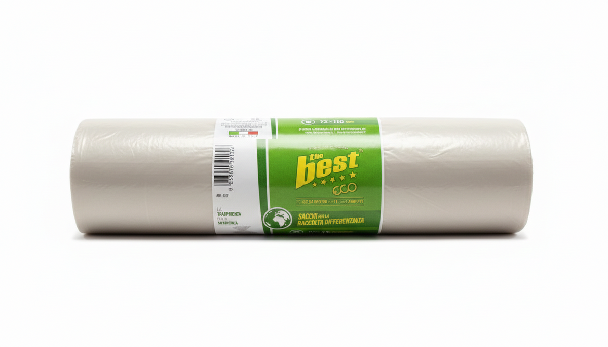 TheBest Eco Sacchi Raccolta Differenziata 72x110 cm, sacchi per rifiuti in LDPE 100% riciclato Made in Italy, resistenti e capienti, ideali per la gestione della raccolta differenziata domestica e professionale.