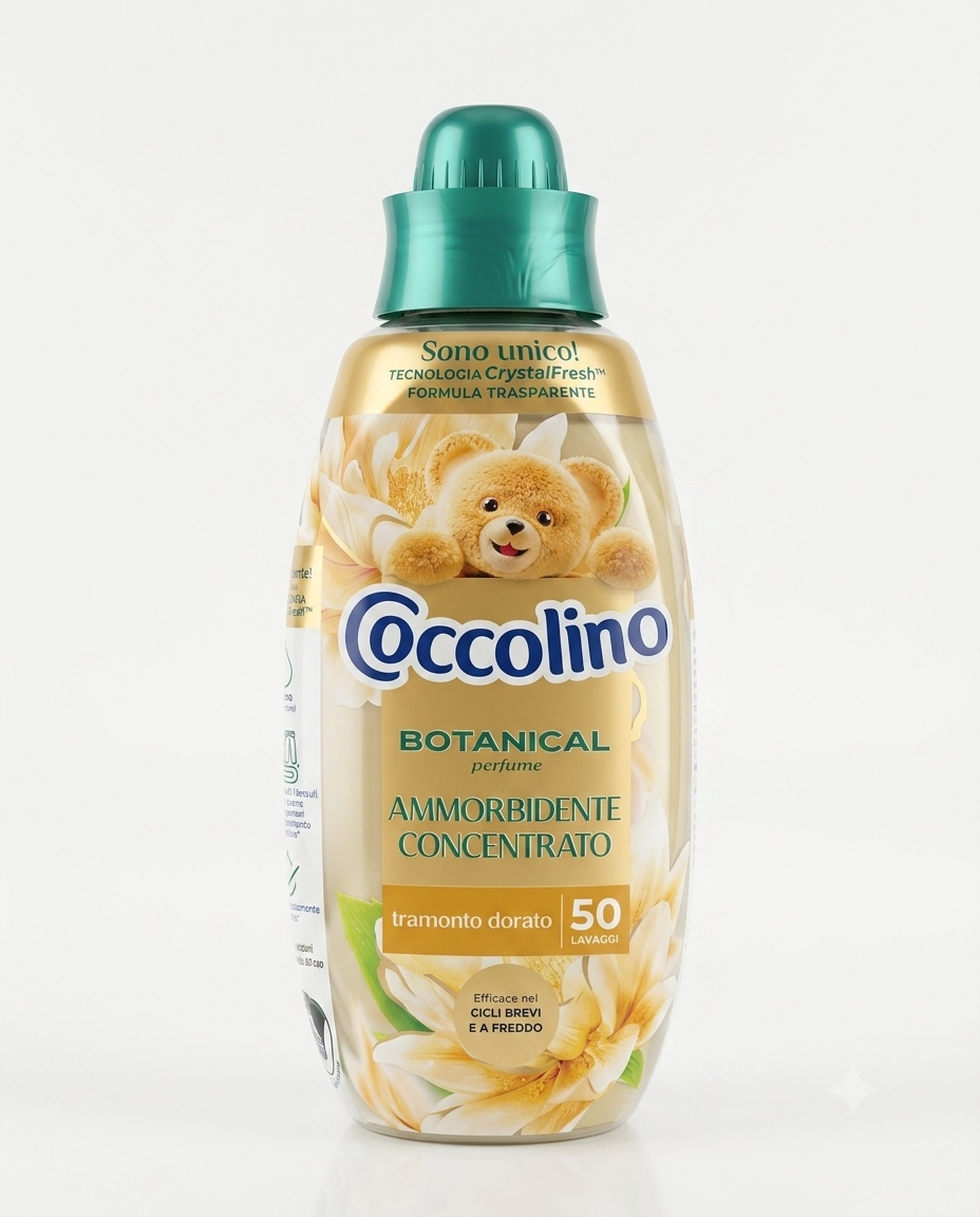 Ammorbidente Coccolino Botanical Perfume Tramonto Dorato 750 ml, concentrato 50 lavaggi con fragranza gelsomino, cardamomo e iris, formula CrystalFresh™