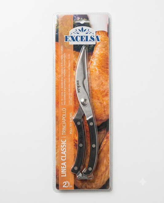 Forbici trinciapollo Excelsa Linea Classic con lama in acciaio inox da 13 cm e manico in bachelite rivettato, ideali per tagliare e porzionare carni e pollame, lavabili in lavastoviglie.