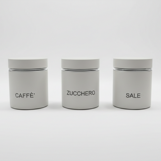General Trade Set 3 Barattoli in Vetro Sale Zucchero Caffè 75 cl | Rivestimento Bianco Matt con Scritte | Chiusura Ermetica