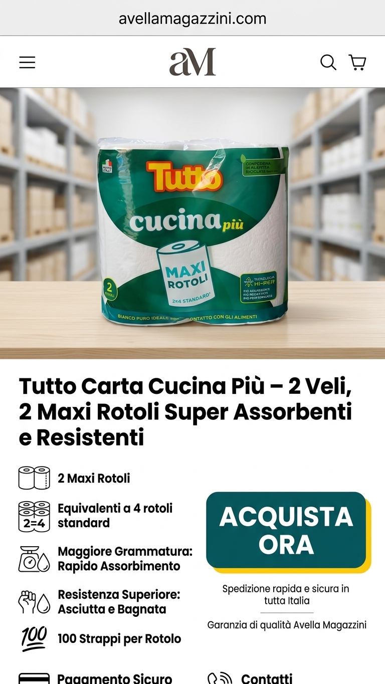 Tutto Carta Cucina Più | 2 Maxi Rotoli da 100 Strappi | Tecnologia Hi-Per Super Assorbente e Resistente | Idonea Contatto Alimenti