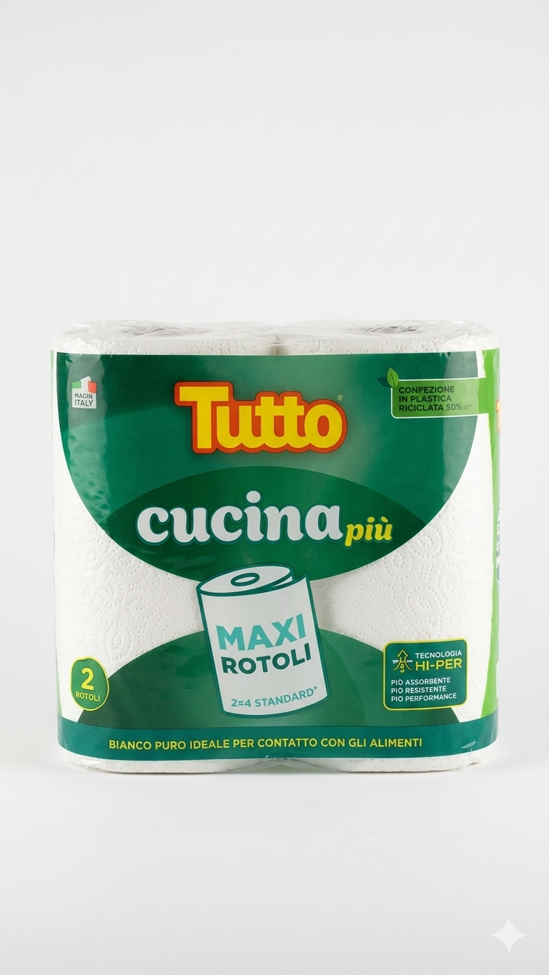 Tutto Carta Cucina Più | 2 Maxi Rotoli da 100 Strappi | Tecnologia Hi-Per Super Assorbente e Resistente | Idonea Contatto Alimenti