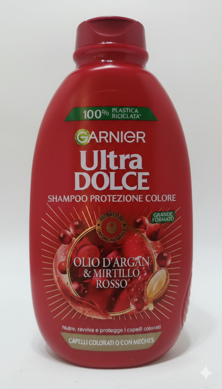 Garnier Ultra Dolce Shampoo Olio d'Argan e Mirtillo Rosso 400ml – Protezione Colore e Nutrimento per Capelli Colorati o Trattati