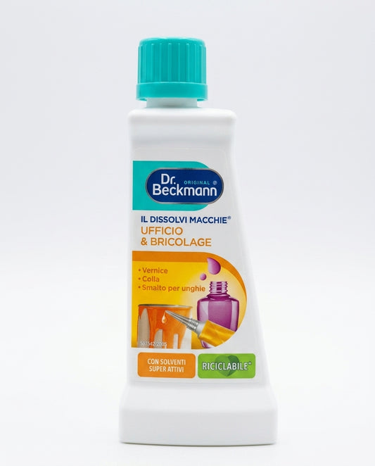 Dr. Beckmann Dissolvi Macchie Ufficio & Bricolage 50 ml, smacchiatore con formula professionale per rimuovere macchie di smalto, colla, vernice e correttore, proteggendo tessuti e colori.