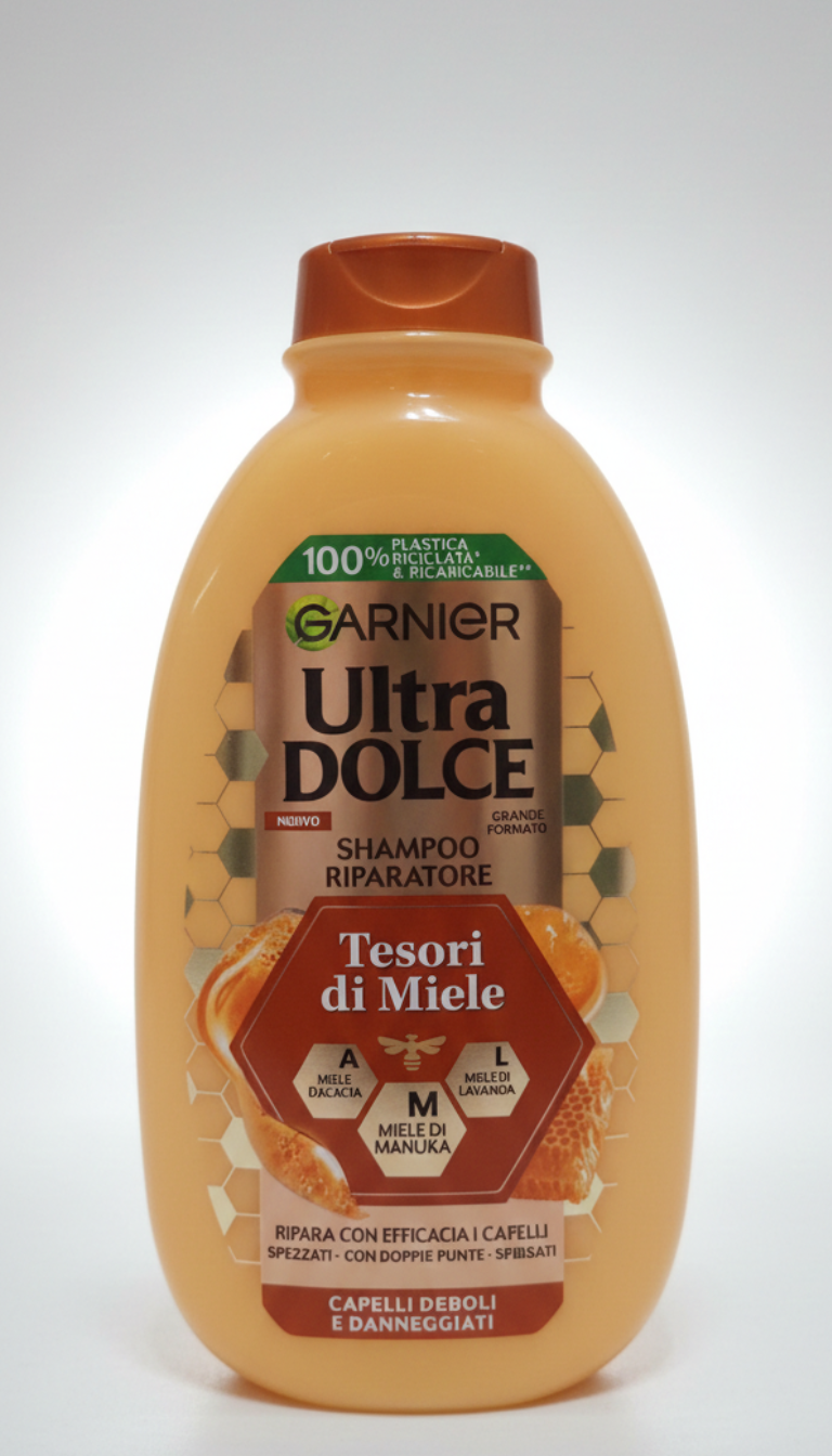 Garnier Ultra Dolce Shampoo Riparatore Tesori di Miele 400ml – Formula 3 Mieli per Capelli Danneggiati e Fragili