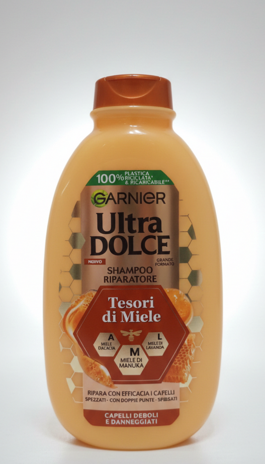 Garnier Ultra Dolce Shampoo Riparatore Tesori di Miele 400ml – Formula 3 Mieli per Capelli Danneggiati e Fragili