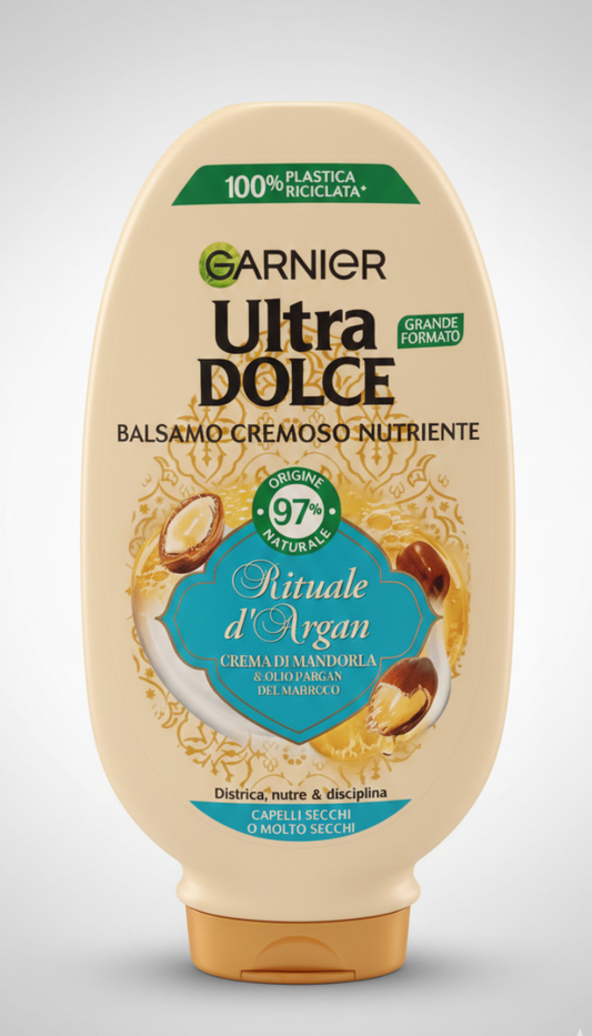 Garnier Ultra Dolce Balsamo Crema Nutrizione Rituale d’Argan 360 ml, con olio d'argan equo-solidale, trattamento districante e nutriente per capelli secchi, aiuta a rendere i capelli morbidi, disciplinati e facili da pettinare senza appesantirli.