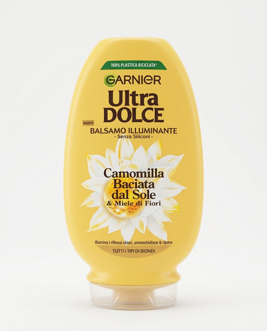Garnier Ultra Dolce Balsamo Illuminante Camomilla e Miele 200 ml Plastica – Riflessi Biondi e Morbidezza Sostenibile