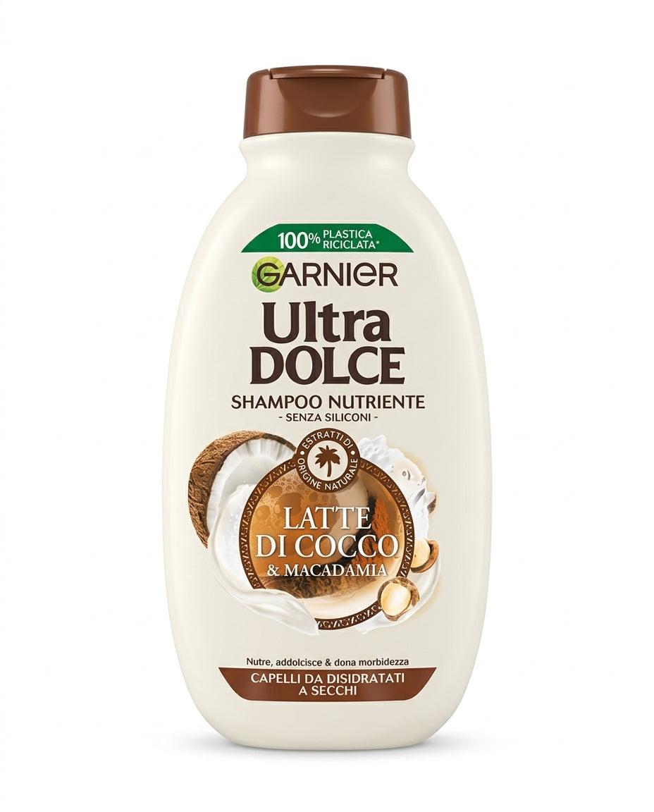 Garnier Ultra Dolce Shampoo Nutriente Latte di Cocco & Macadamia 250 ml | Capelli da Disidratati a Secchi | Senza Siliconi | Formula Vegana | Cocco Biologico