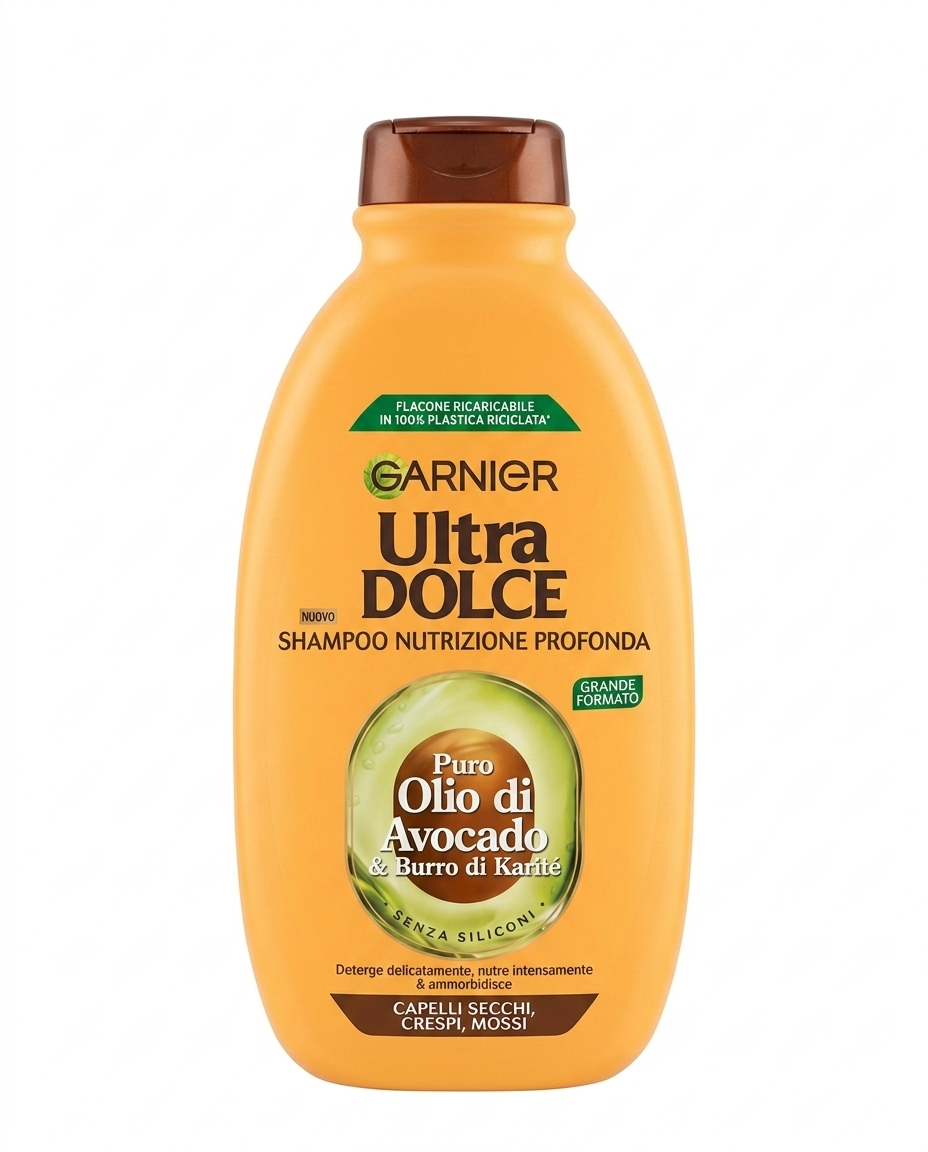 Garnier Ultra Dolce Shampoo Avocado e Karité 400ml, nutriente per capelli secchi e crespi senza siliconi