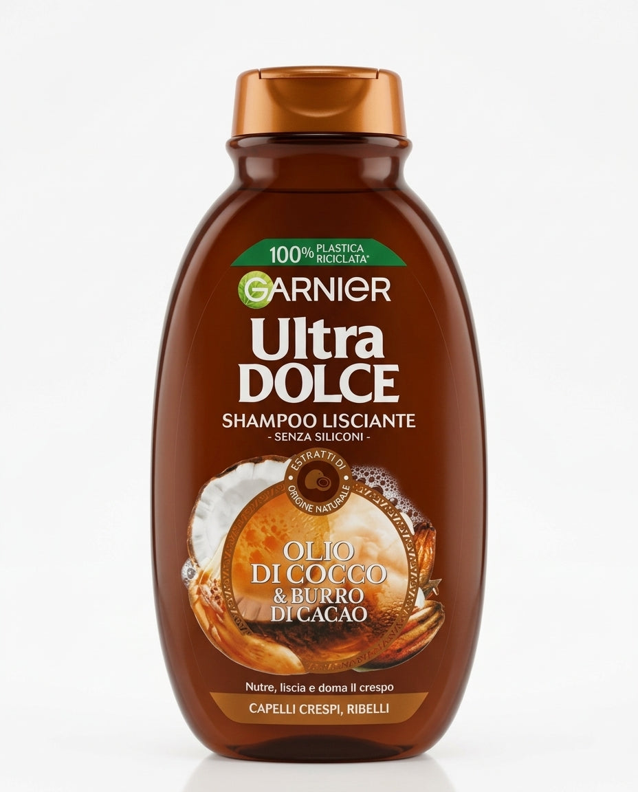 Garnier Ultra Dolce Shampoo Lisciante Olio di Cocco e Burro di Cacao 250 ml | Senza Siliconi | Capelli Crespi e Ribelli | Nutre, Liscia e Disciplina | Plastica 100% Riciclata