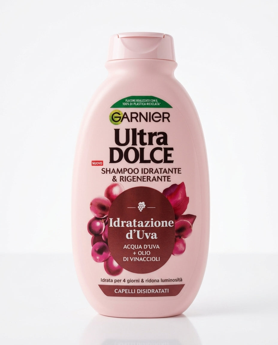 Garnier Ultra Dolce Shampoo Idratazione d'Uva 250 ml Plastica – Rigenerante e Idratante Capelli Disidratati 4 Giorni