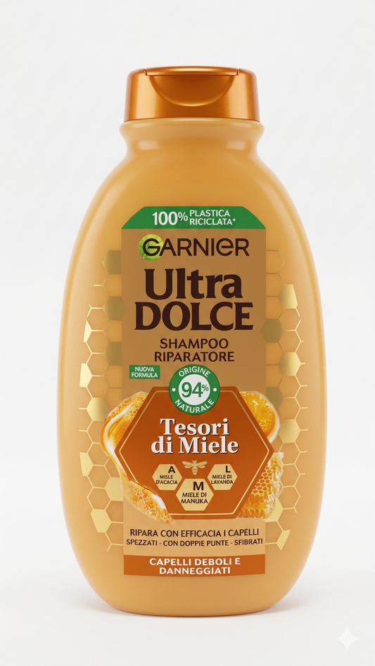 Garnier Ultra Dolce Shampoo Riparatore Tesori di Miele 250ml | Per Capelli Deboli e Danneggiati | Con Miele di Acacia, Manuka e Lavanda
