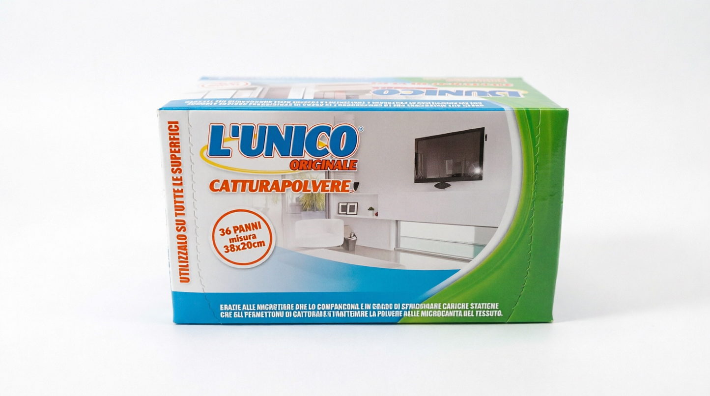 Panni catturapolvere L'Unico Originale 36 pezzi 38x20 cm, anti-polvere professionali per pavimenti e mobili, in pratica scatola dispenser.
