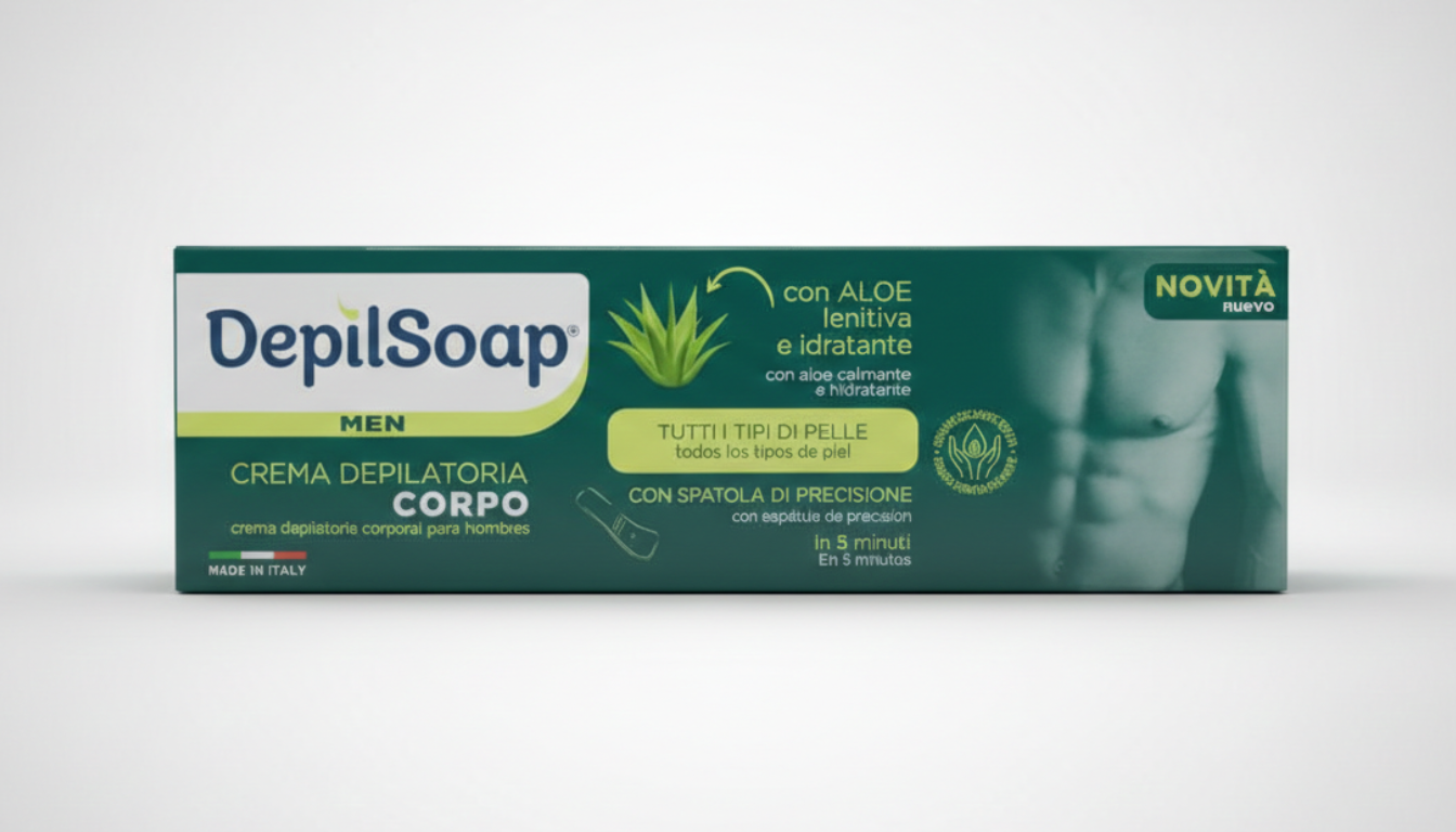 Depilsoap Men Crema Depilatoria Corpo 150ml – Con Aloe Vera Lenitiva e Idratante – Soluzione Rapida 5 Minuti per Tutti i Tipi di Pelle con Spatola Inclusa