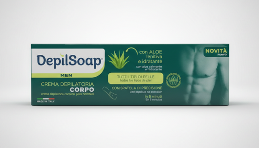 Depilsoap Men Crema Depilatoria Corpo 150ml – Con Aloe Vera Lenitiva e Idratante – Soluzione Rapida 5 Minuti per Tutti i Tipi di Pelle con Spatola Inclusa