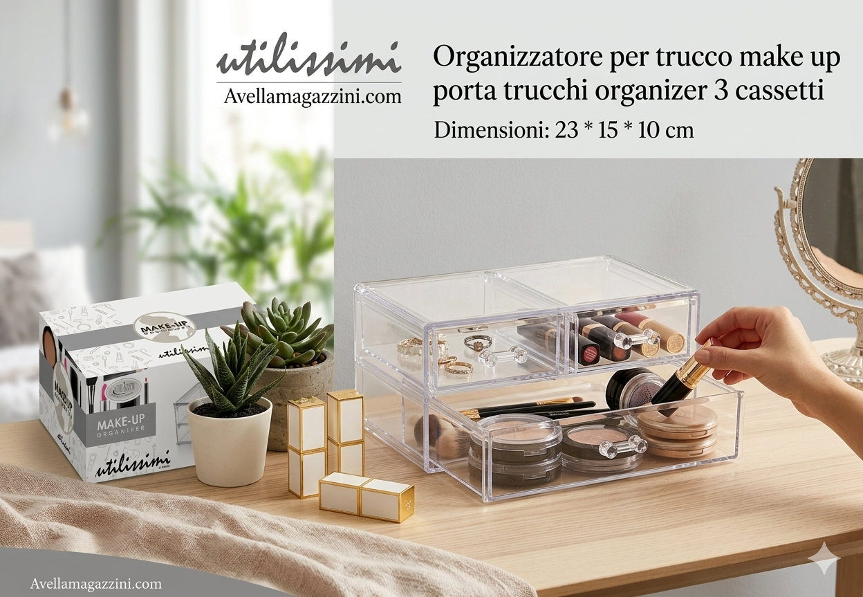 Utilissimi By GICOS Makeup Organizer 23x10x15 cm in Acrilico Cristallino – Espositore 3 Cassetti – Soluzione Beauty Desk Professionale