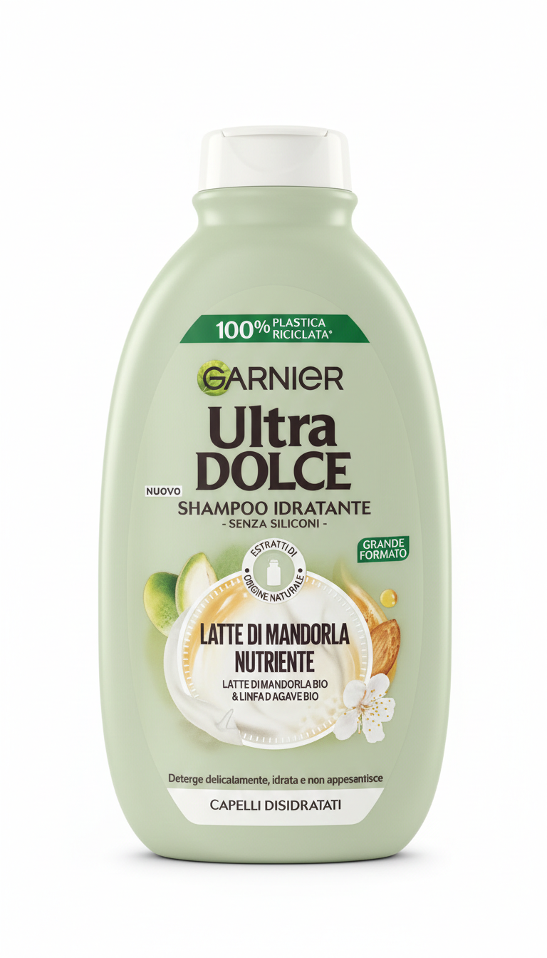 Garnier Ultra Dolce Shampoo Idratante Latte di Mandorla & Linfa d'Agave BIO 400ml – Per Capelli Disidratati e Spenti
