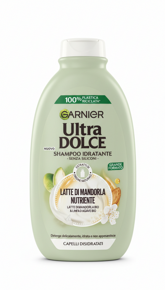 Garnier Ultra Dolce Shampoo Idratante Latte di Mandorla & Linfa d'Agave BIO 400ml – Per Capelli Disidratati e Spenti