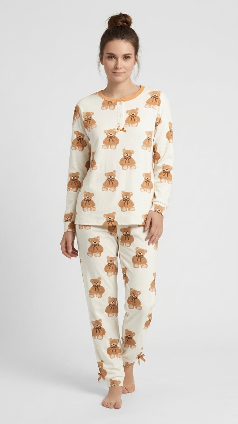 YKC Pigiama Donna Caldo Cotone 100% Fantasia Orsetti Calzini Omaggio – Nightwear Lusso Caldo e Traspirante Art. Sugar