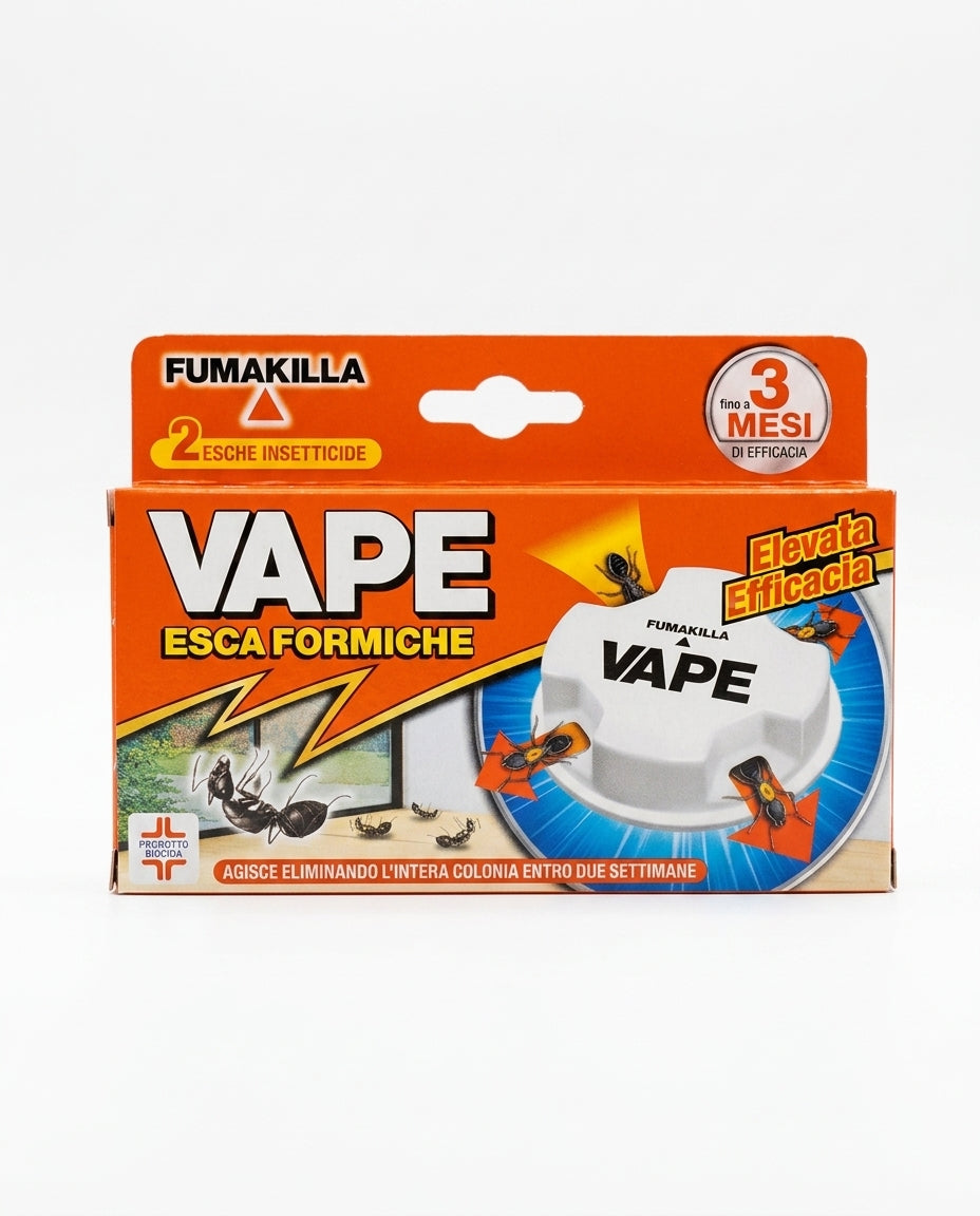 Vape Esca Formiche 2×2 g, esca insetticida in gel pronta all'uso con imidacloprid 0,02%, per eliminare formiche e l'intera colonia, inclusa la regina, con azione domino in 2 settimane ed efficacia fino a 3 mesi, per uso interno ed esterno.