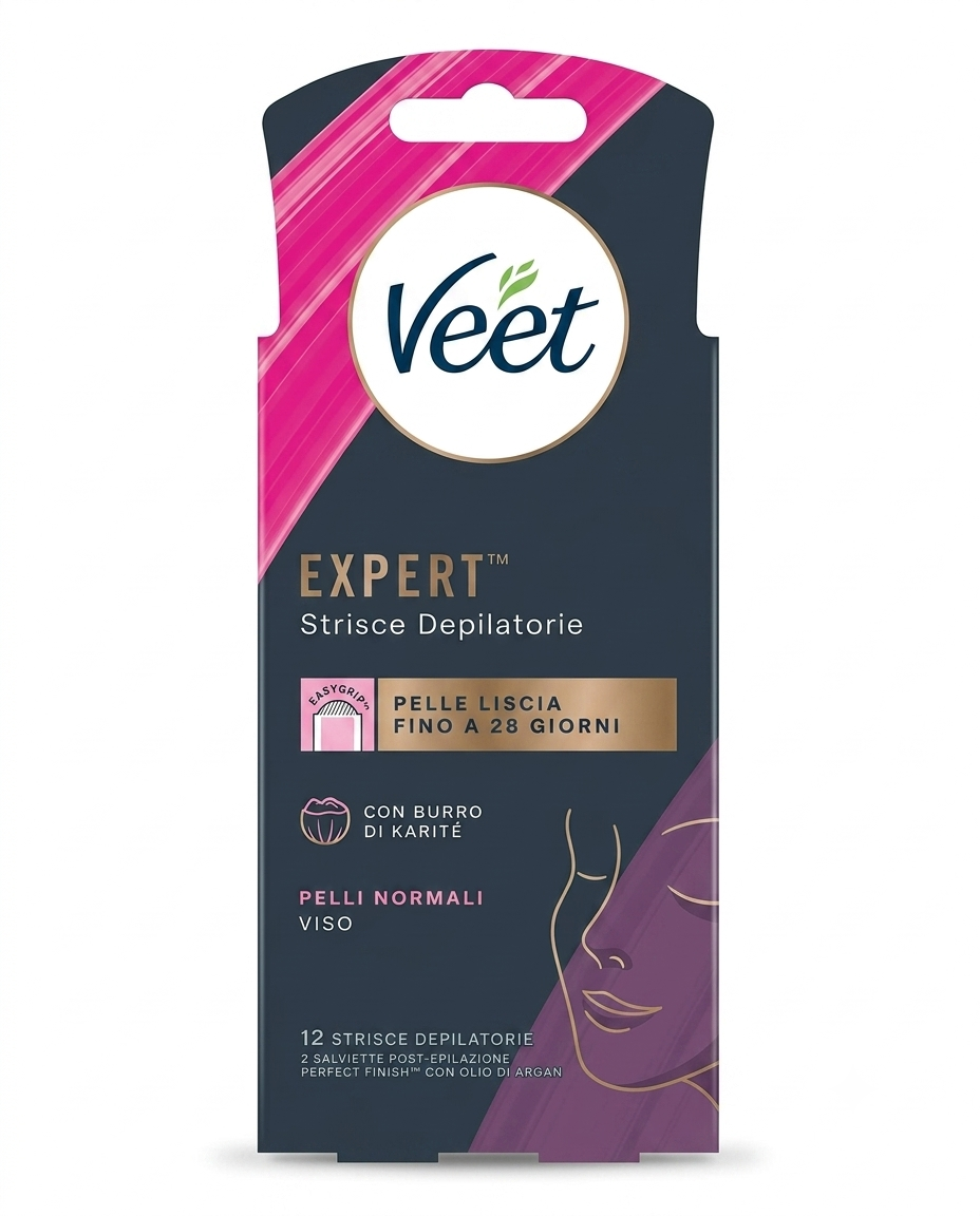 Veet Expert Strisce Depilatorie Viso 12 pz con Burro di Karité, per pelli normali, pelle liscia fino a 28 giorni.