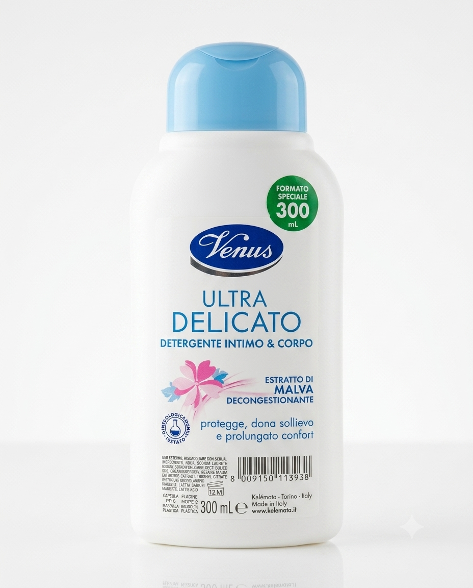 Venus Intimo Ultra Delicato 300 ml detergente intimo e corpo con estratto di malva azione decongestionante protettiva per pelle sensibile e uso quotidiano rispettoso del pH fisiologico