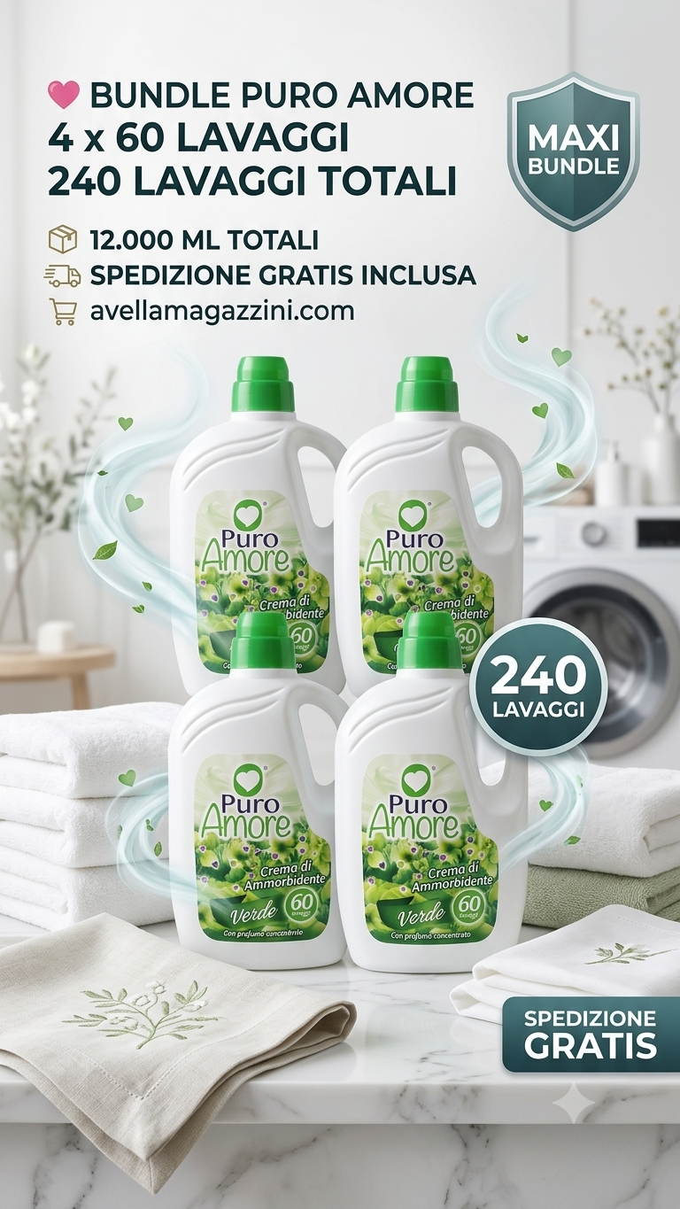 Puro Amore Ammorbidente Ultra Concentrato Mega Bundle 240 Lavaggi (12000 ml) – Crema di Ammorbidente per Morbidezza Estrema e Stiratura Facile – Disponibile in 6 Varianti