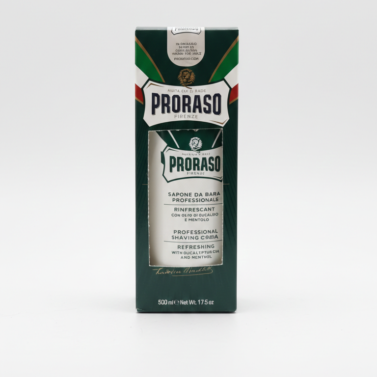 Proraso sapone da barba professionale in vescica da 500ml, linea verde con eucalipto e mentolo, formulato per la rasatura tradizionale con pennello, consistenza cremosa ottenuta da saponificazione a caldo, ideale per creare una schiuma ricca, protettiva e rinfrescante.