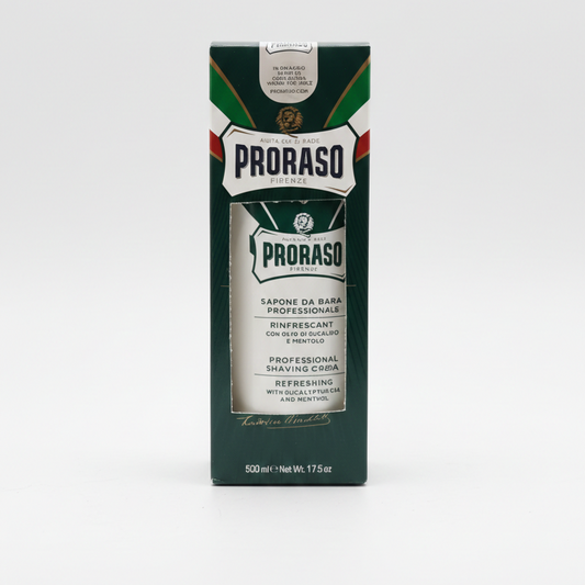 Proraso sapone da barba professionale in vescica da 500ml, linea verde con eucalipto e mentolo, formulato per la rasatura tradizionale con pennello, consistenza cremosa ottenuta da saponificazione a caldo, ideale per creare una schiuma ricca, protettiva e rinfrescante.