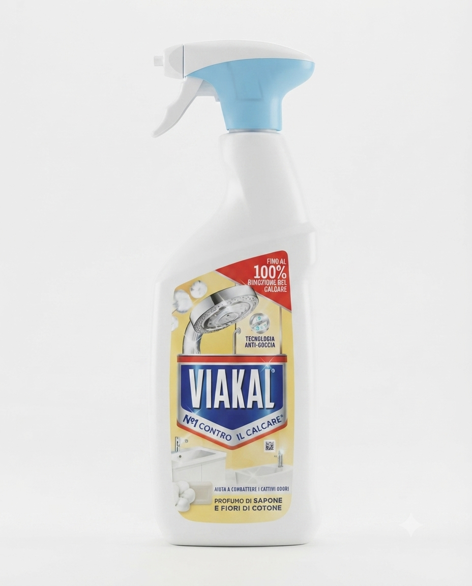 Viakal Anticalcare Spray Sapone e Fiori di Cotone 470 ml con tecnologia anti-goccia contro calcare e macchie.