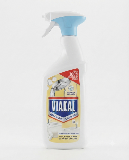 Viakal Anticalcare Spray Sapone e Fiori di Cotone 470 ml con tecnologia anti-goccia contro calcare e macchie.