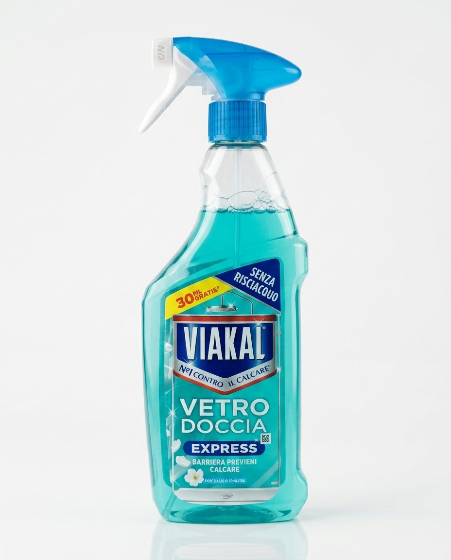 Viakal Vetro Doccia Express Spray 470 ml, anticalcare professionale per la pulizia del vetro della doccia, con formula senza risciacquo.