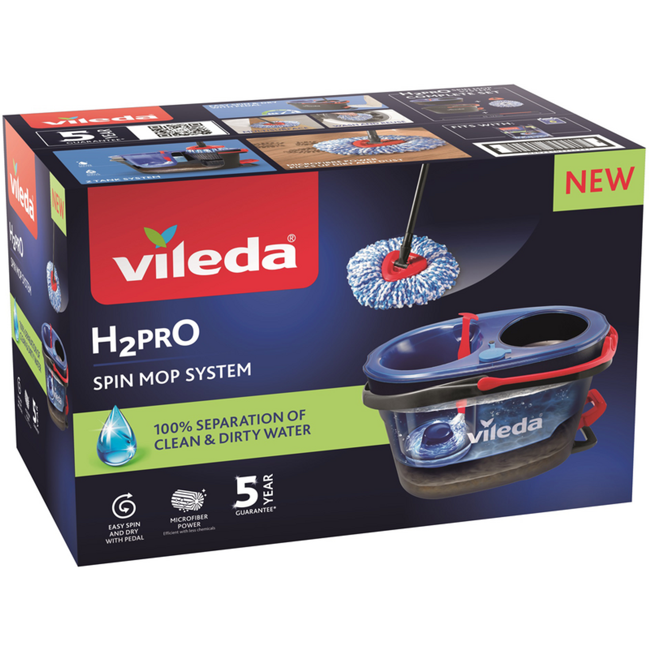 Vileda H2Pro Spin Mop | Sistema Lavapavimenti con Doppio Serbatoio | Acqua Sempre Pulita | Strizzatore a Pedale e Piastra Triangolare | Adatto a Tutti i Pavimenti