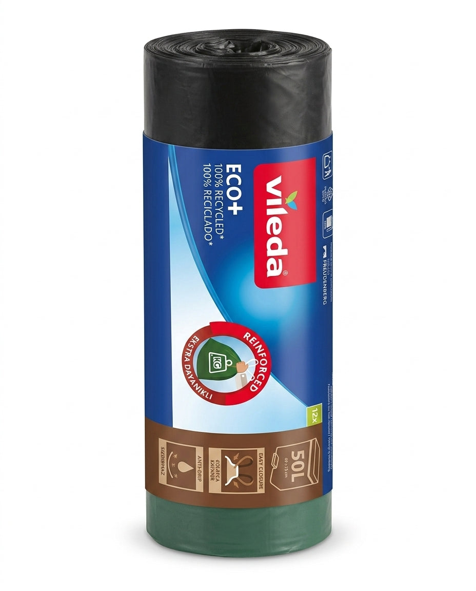 Vileda ECO+ Sacchetti Spazzatura 50 L, confezione da 12 pezzi, sacchi immondizia 69×75 cm in plastica 100% riciclata, rinforzati e resistenti, con maniglie integrate, sistema anti-goccia, riciclati e riciclabili.