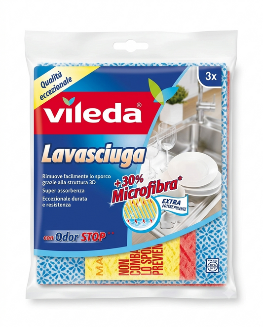 Vileda panni lavasciuga 3 pezzi in microfibra tecnica, 2-in-1 lava e asciuga con trattamento anti-odore Hygienic For Longer e alta assorbenza senza aloni.