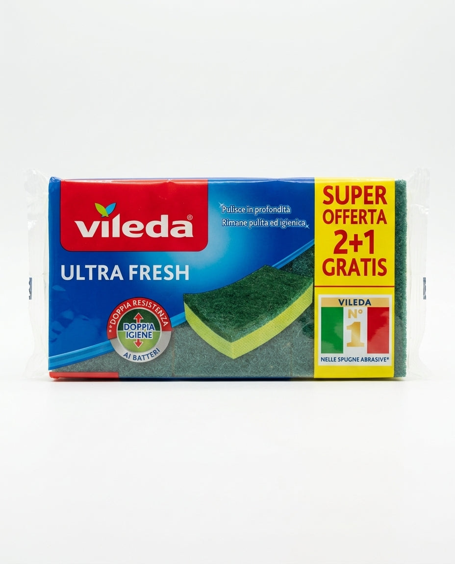 Vileda Ultra Fresh Spugne Abrasive 3 Pezzi 2+1 Gratis – Doppia Igiene Antibatterica Massima Assorbenza