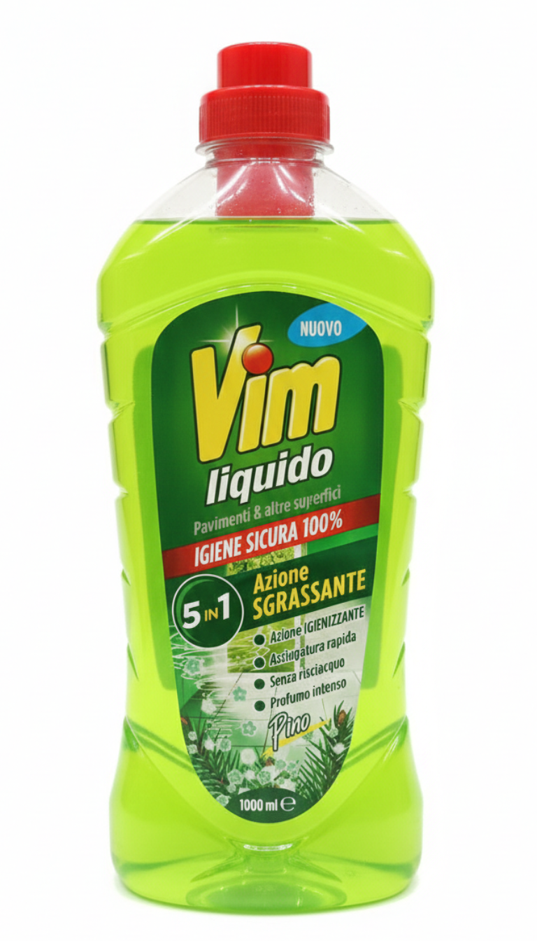 Vim Liquido Pavimenti e Superfici 5in1 Pino 1000ml – Azione Sgrassante e Igienizzante ad Asciugatura Rapida