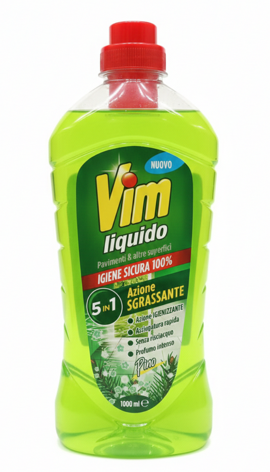 Vim Liquido Pavimenti e Superfici 5in1 Pino 1000ml – Azione Sgrassante e Igienizzante ad Asciugatura Rapida