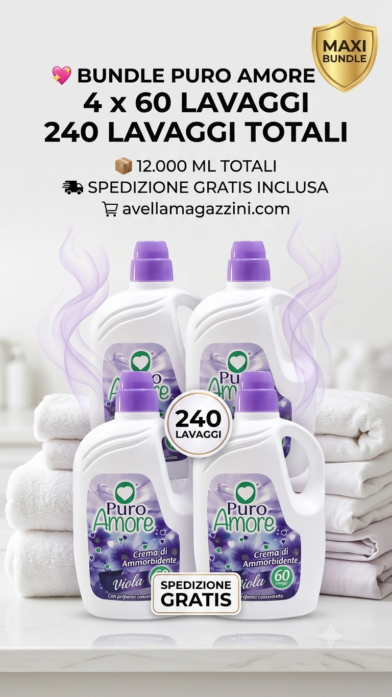 Puro Amore Ammorbidente Ultra Concentrato Mega Bundle 240 Lavaggi (12000 ml) – Crema di Ammorbidente per Morbidezza Estrema e Stiratura Facile – Disponibile in 6 Varianti
