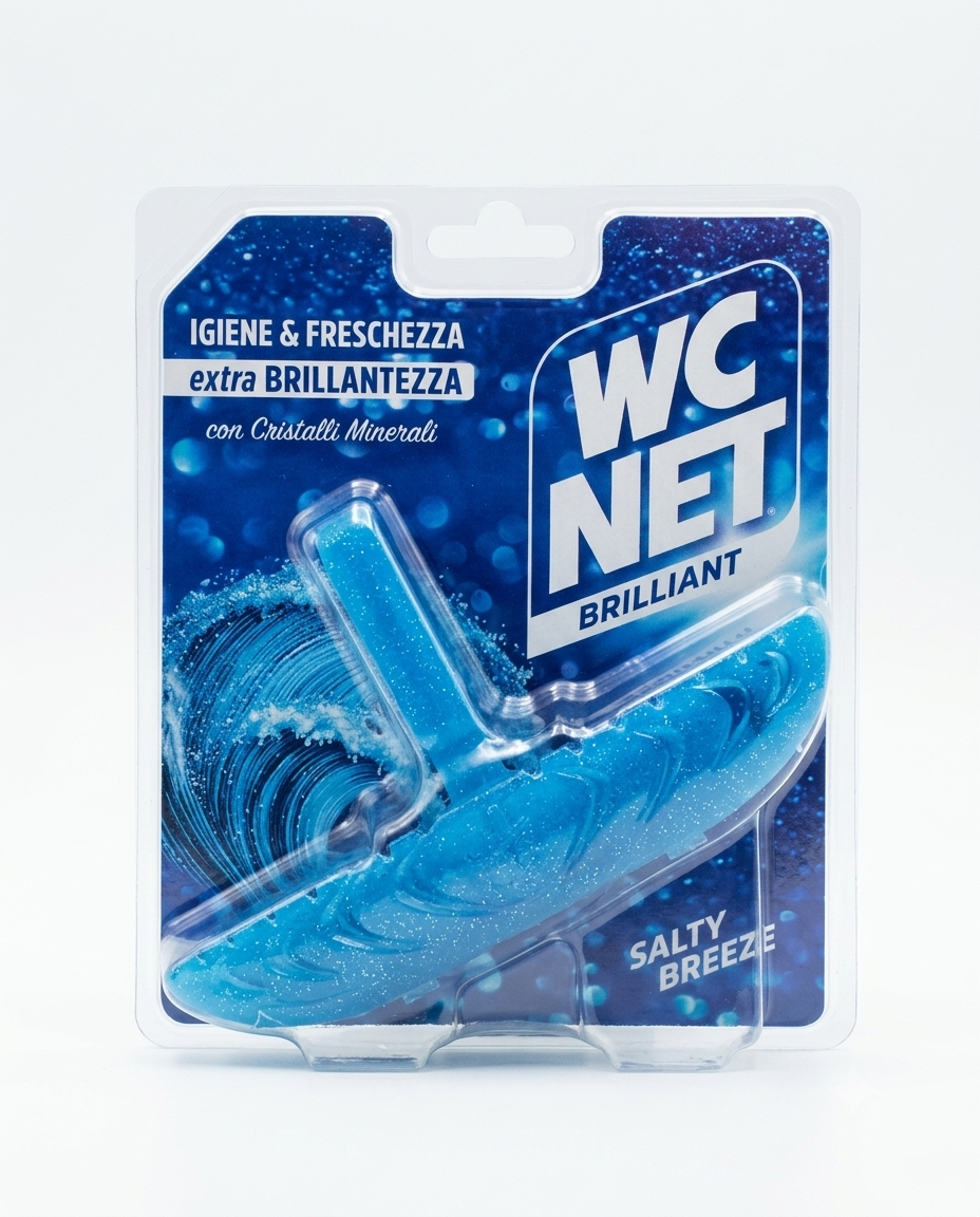 WC Net Brilliant Salty Breeze 38g, tavoletta bordo WC con cristalli minerali per brillantezza e freschezza marina.