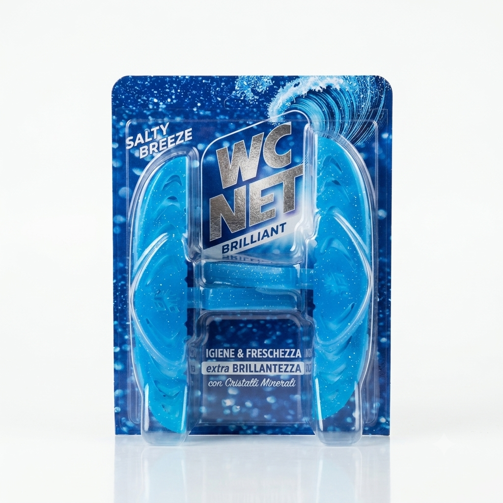 WC Net Brilliant Salty Breeze 2x38g tavoletta bordo WC con cristalli minerali, igiene e freschezza marina continua.