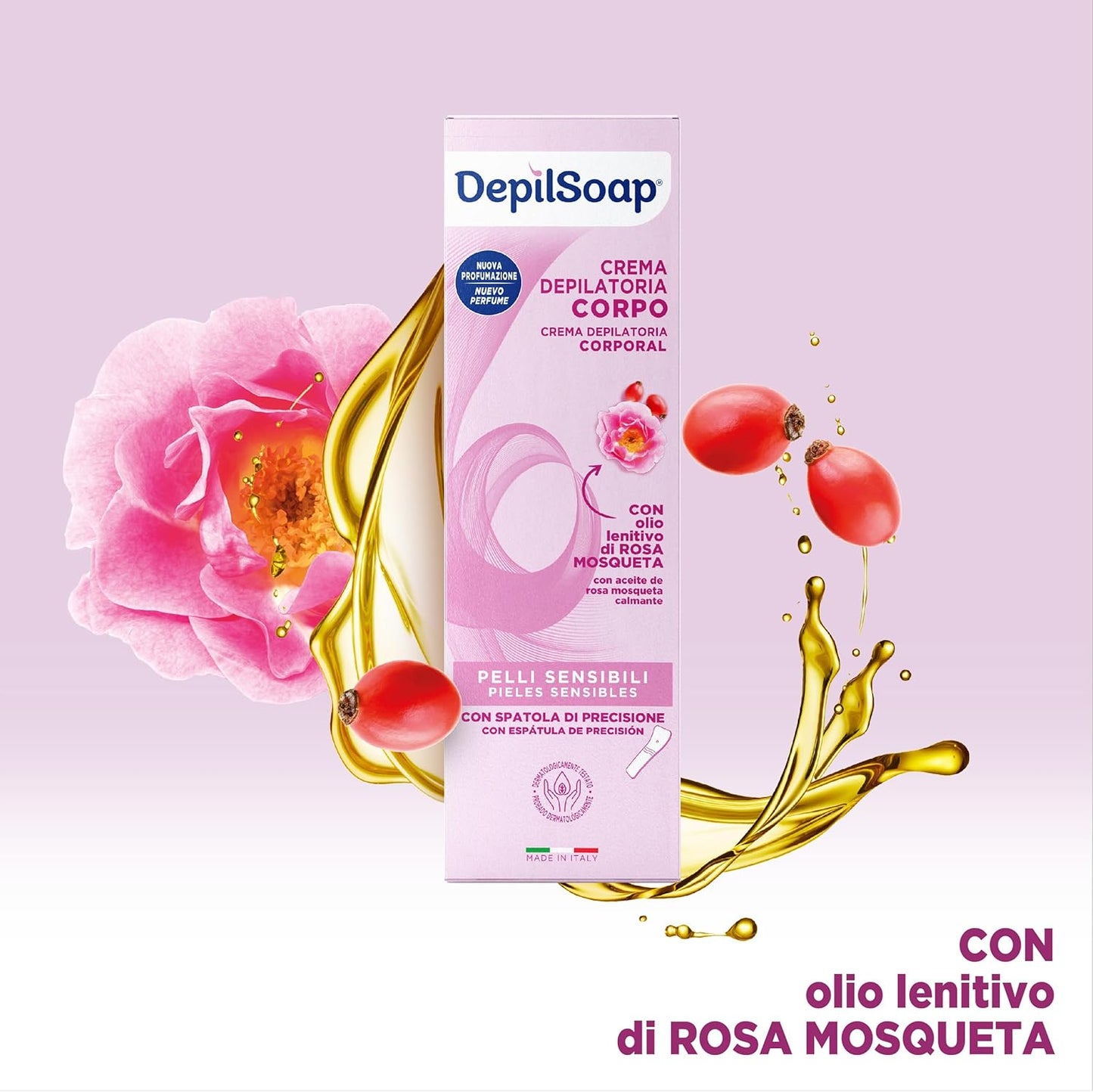 Depilsoap Crema Depilatoria Corpo 150ml – Pelli Sensibili con Olio di Rosa Mosqueta e Acido Ialuronico – Formula Senza Ammoniaca con Spatola di Precisione