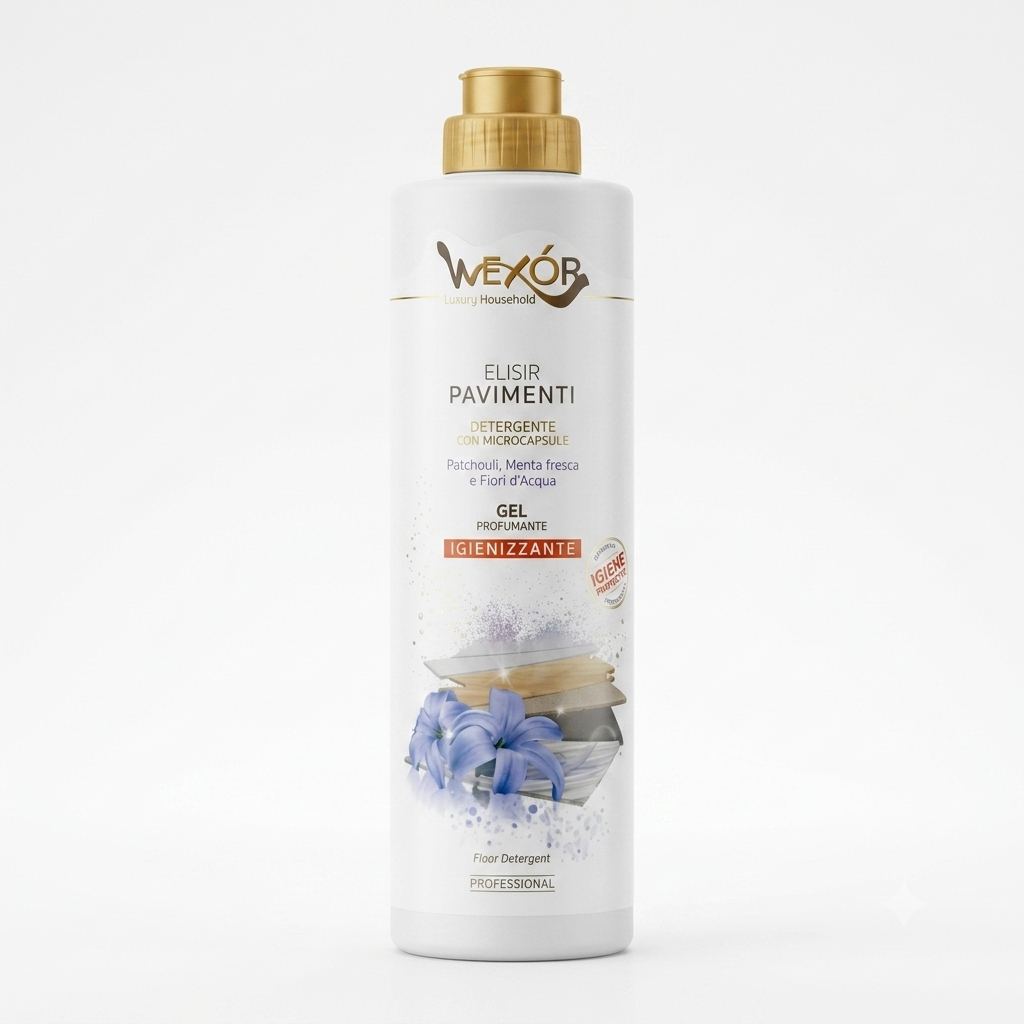 Wexór Elisir Pavimenti Gel Profumante 750 ml, detergente gel per pavimenti con microcapsule e profumazione di patchouli, menta fresca e fiori d'acqua, ideale per la pulizia delle superfici e per lasciare un profumo fresco e persistente nell'ambiente.