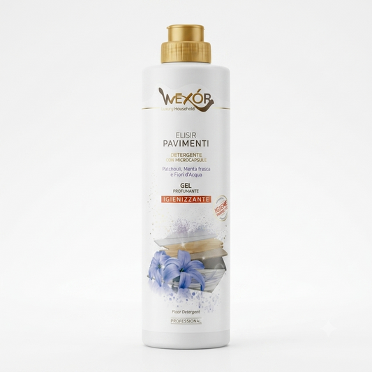 Wexór Elisir Pavimenti Gel Profumante 750 ml, detergente gel per pavimenti con microcapsule e profumazione di patchouli, menta fresca e fiori d'acqua, ideale per la pulizia delle superfici e per lasciare un profumo fresco e persistente nell'ambiente.