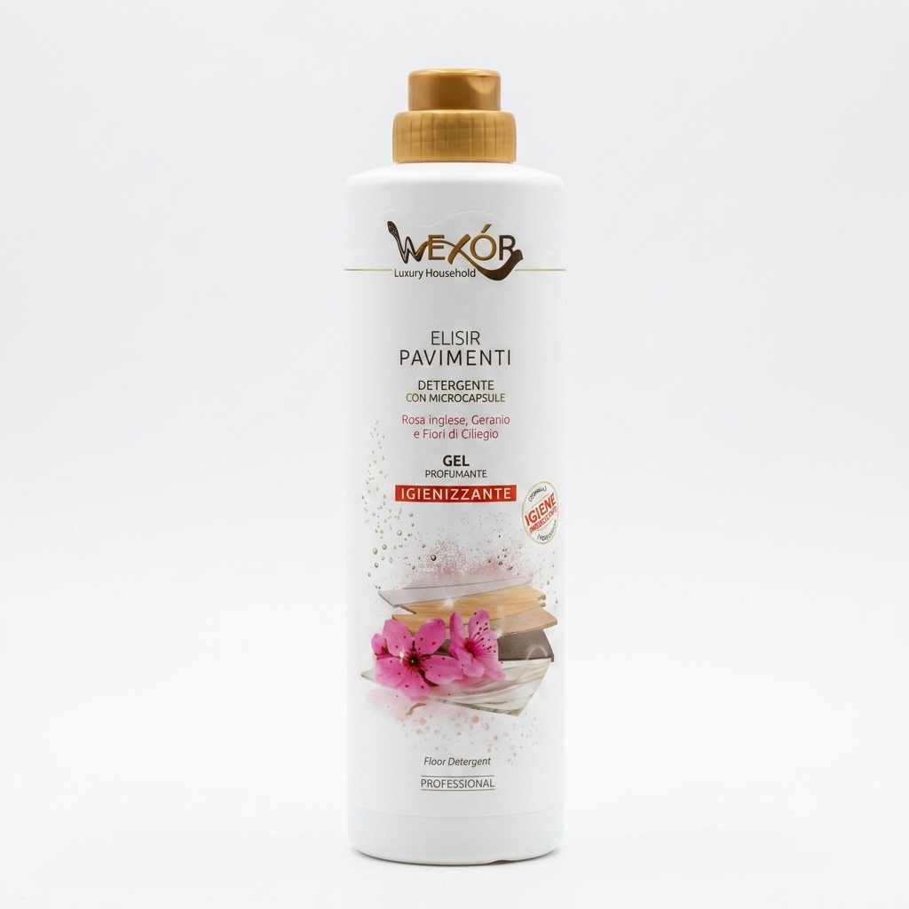 Wexór Elisir Pavimenti Gel Profumante 750 ml, detergente gel per pavimenti con microcapsule e profumazione di rosa inglese, geranio e fiori di ciliegio, ideale per pulire le superfici e lasciare un gradevole profumo nell'ambiente.