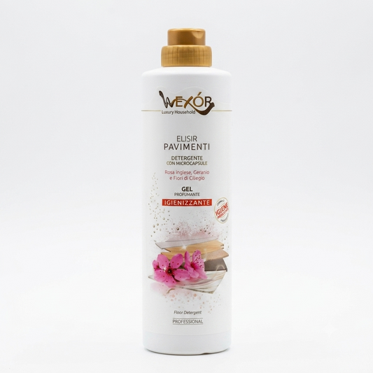 Wexór Elisir Pavimenti Gel Profumante 750 ml, detergente gel per pavimenti con microcapsule e profumazione di rosa inglese, geranio e fiori di ciliegio, ideale per pulire le superfici e lasciare un gradevole profumo nell'ambiente.
